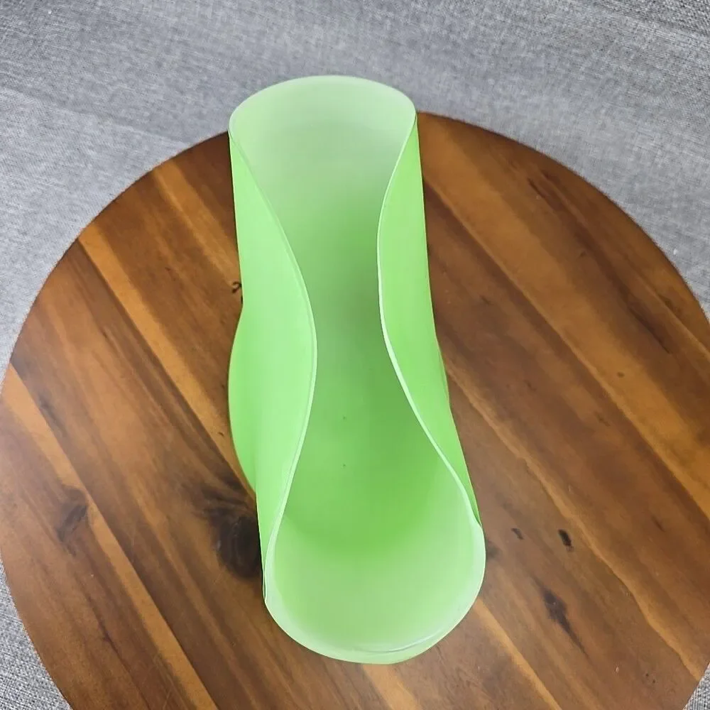 Pottery Barn Frosted Green glass fan vase 7.5”‎ large Abstract Modern